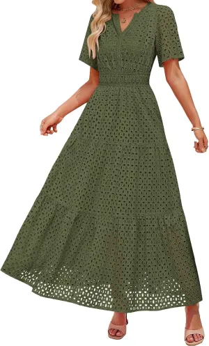 Womens 2025 Summer Maxi Dress Eyelet Boho Dressy Short Sleeve V Neck Hollow Out Swing Beach Vacation Long Dresses