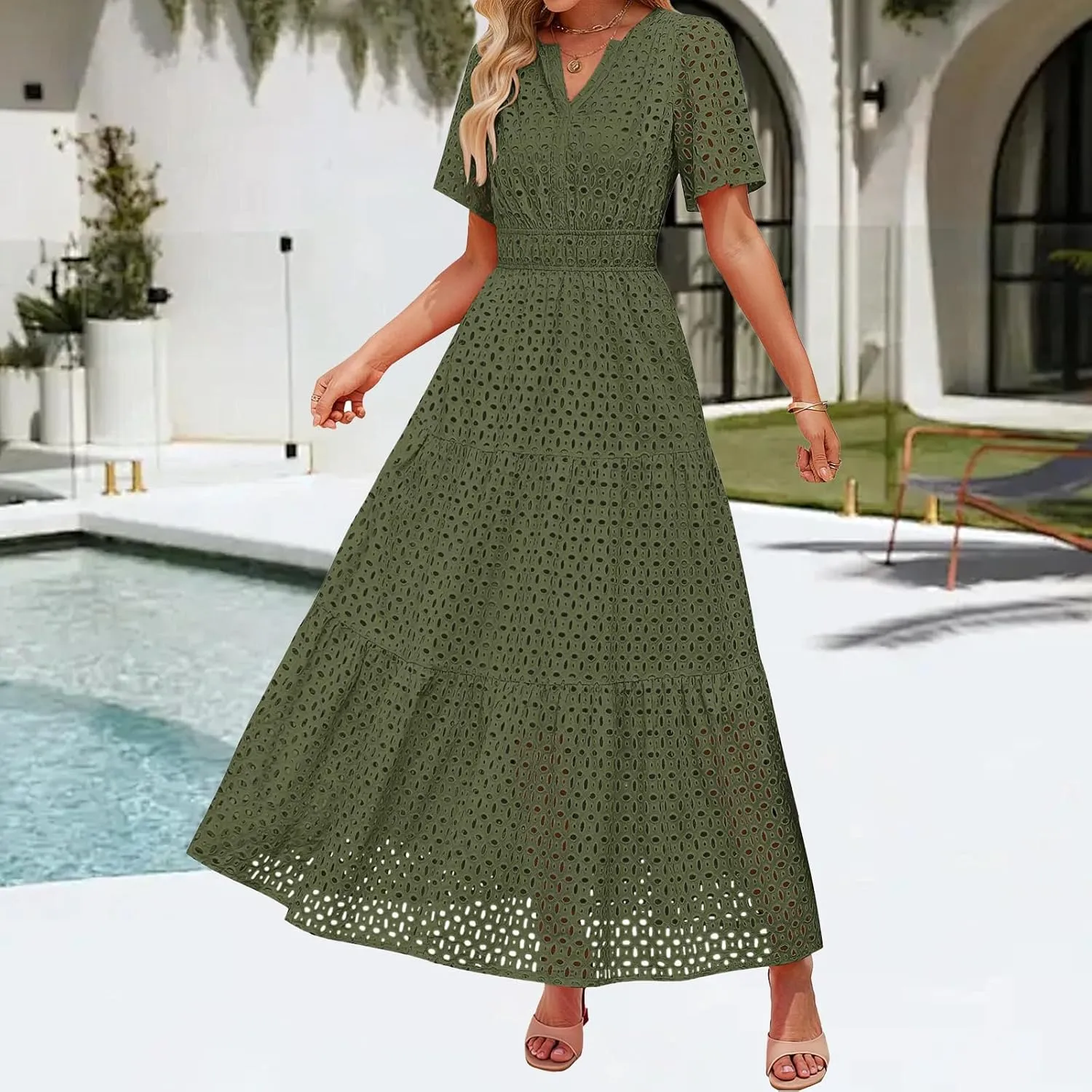 Womens 2025 Summer Maxi Dress Eyelet Boho Dressy Short Sleeve V Neck Hollow Out Swing Beach Vacation Long Dresses