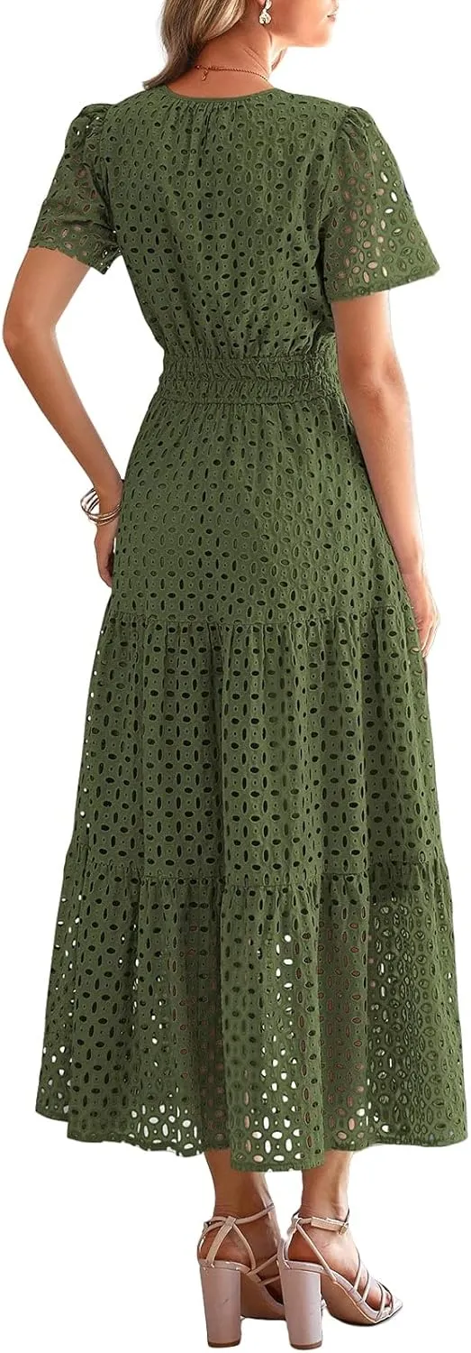 Womens 2025 Summer Maxi Dress Eyelet Boho Dressy Short Sleeve V Neck Hollow Out Swing Beach Vacation Long Dresses