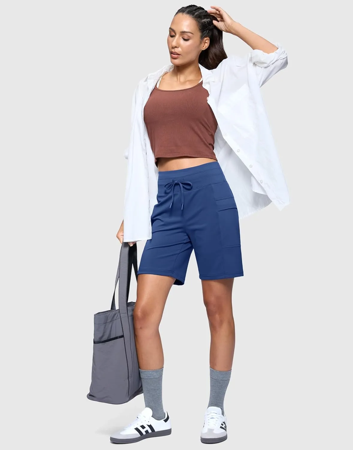 Women's 7" Athletic Bermuda Shorts with Side Pockets High Waisted Stretchy Long Shorts for Women Gym Running Casual