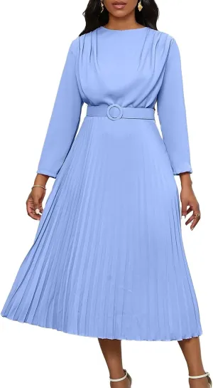 Women's A Line Round Neck Pleated Dress Plus Size Lantern Sleeves Midi Wedding Guest Dresses