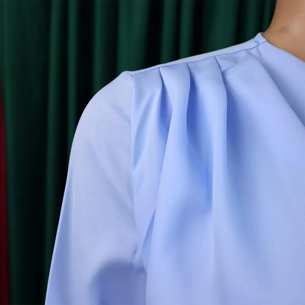 Women's A Line Round Neck Pleated Dress Plus Size Lantern Sleeves Midi Wedding Guest Dresses