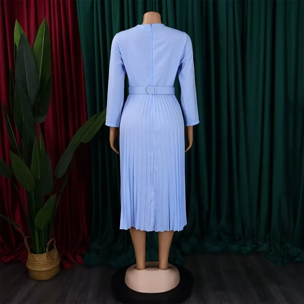 Women's A Line Round Neck Pleated Dress Plus Size Lantern Sleeves Midi Wedding Guest Dresses