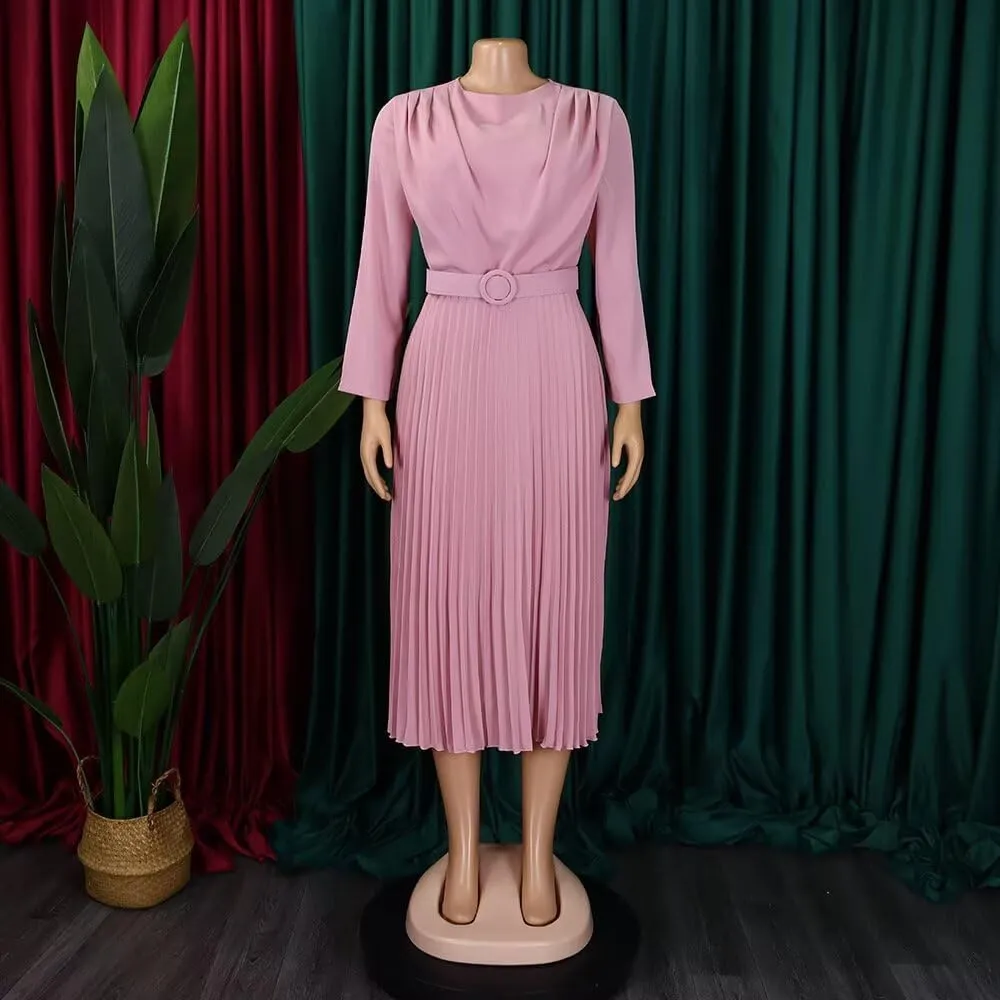 Women's A Line Round Neck Pleated Dress Plus Size Lantern Sleeves Midi Wedding Guest Dresses
