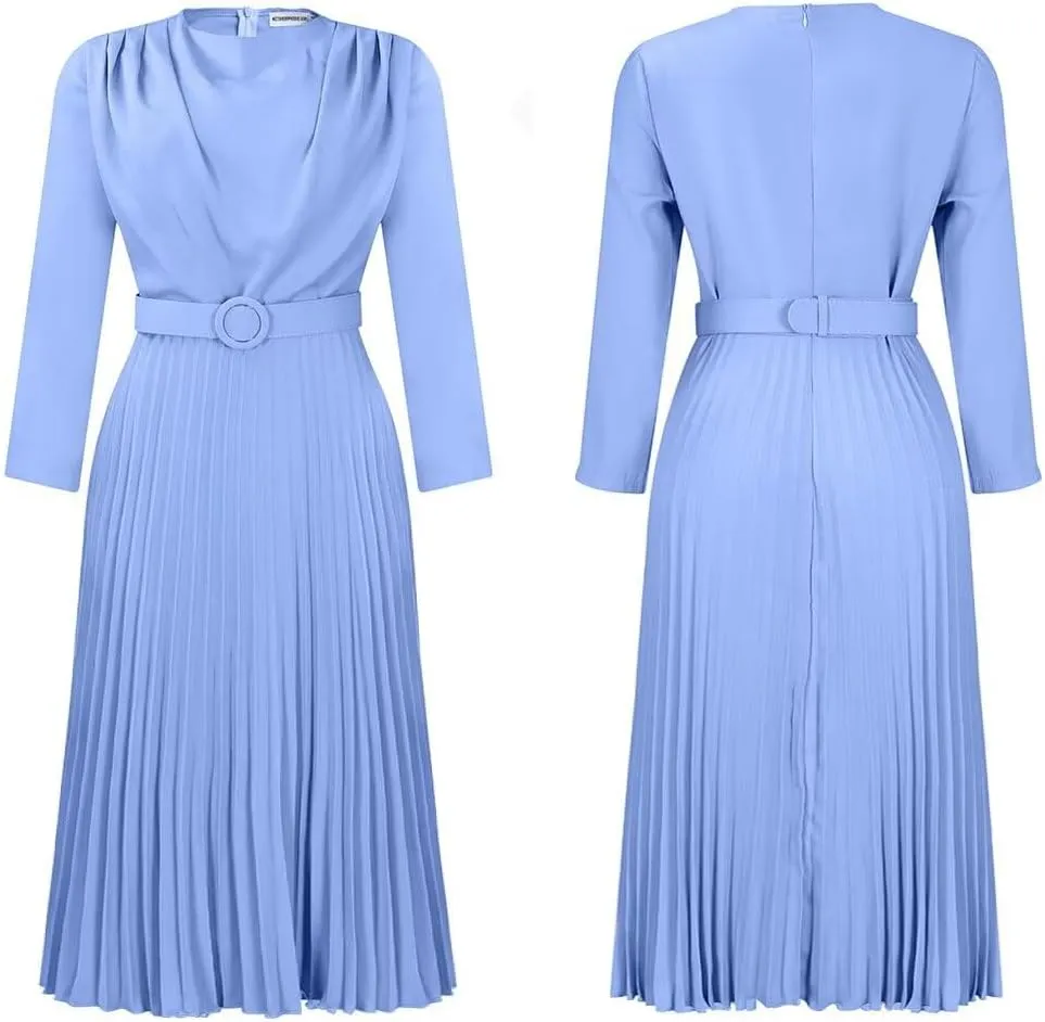 Women's A Line Round Neck Pleated Dress Plus Size Lantern Sleeves Midi Wedding Guest Dresses