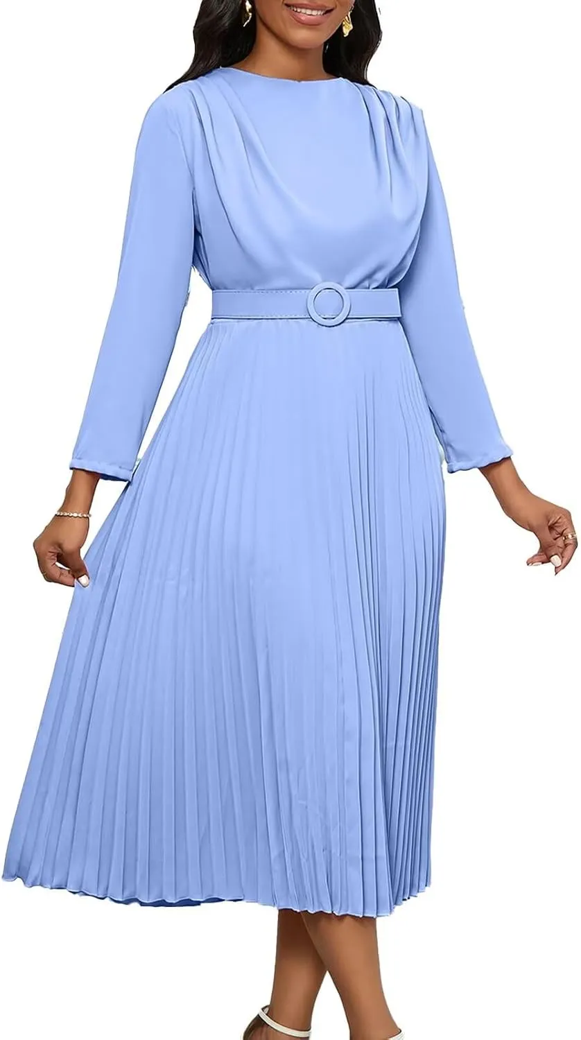 Women's A Line Round Neck Pleated Dress Plus Size Lantern Sleeves Midi Wedding Guest Dresses