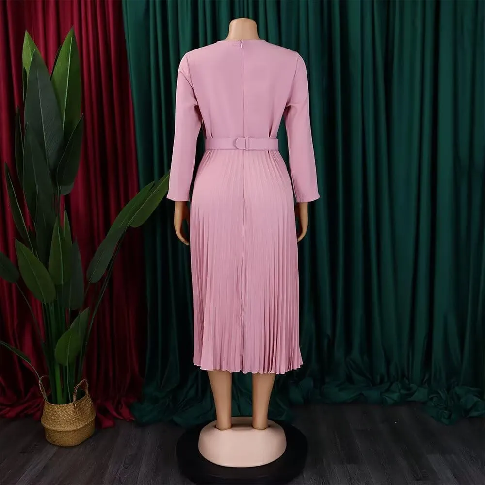 Women's A Line Round Neck Pleated Dress Plus Size Lantern Sleeves Midi Wedding Guest Dresses