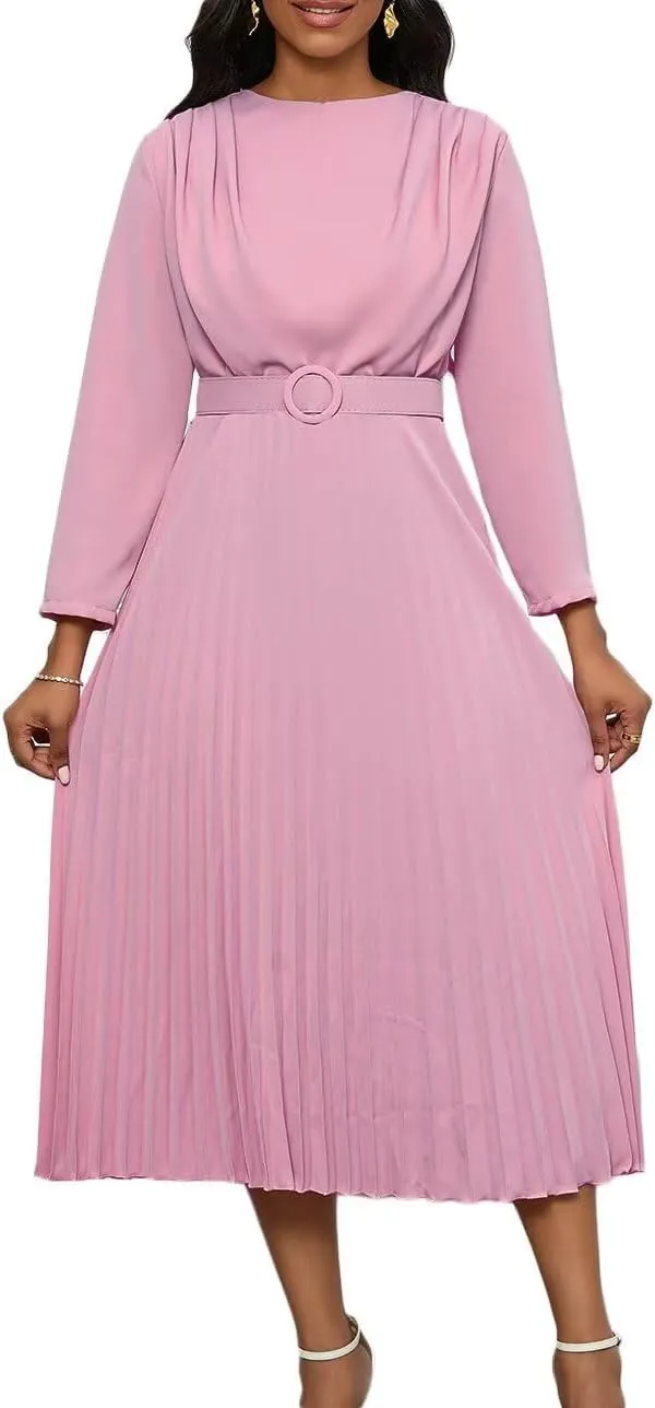 Women's A Line Round Neck Pleated Dress Plus Size Lantern Sleeves Midi Wedding Guest Dresses