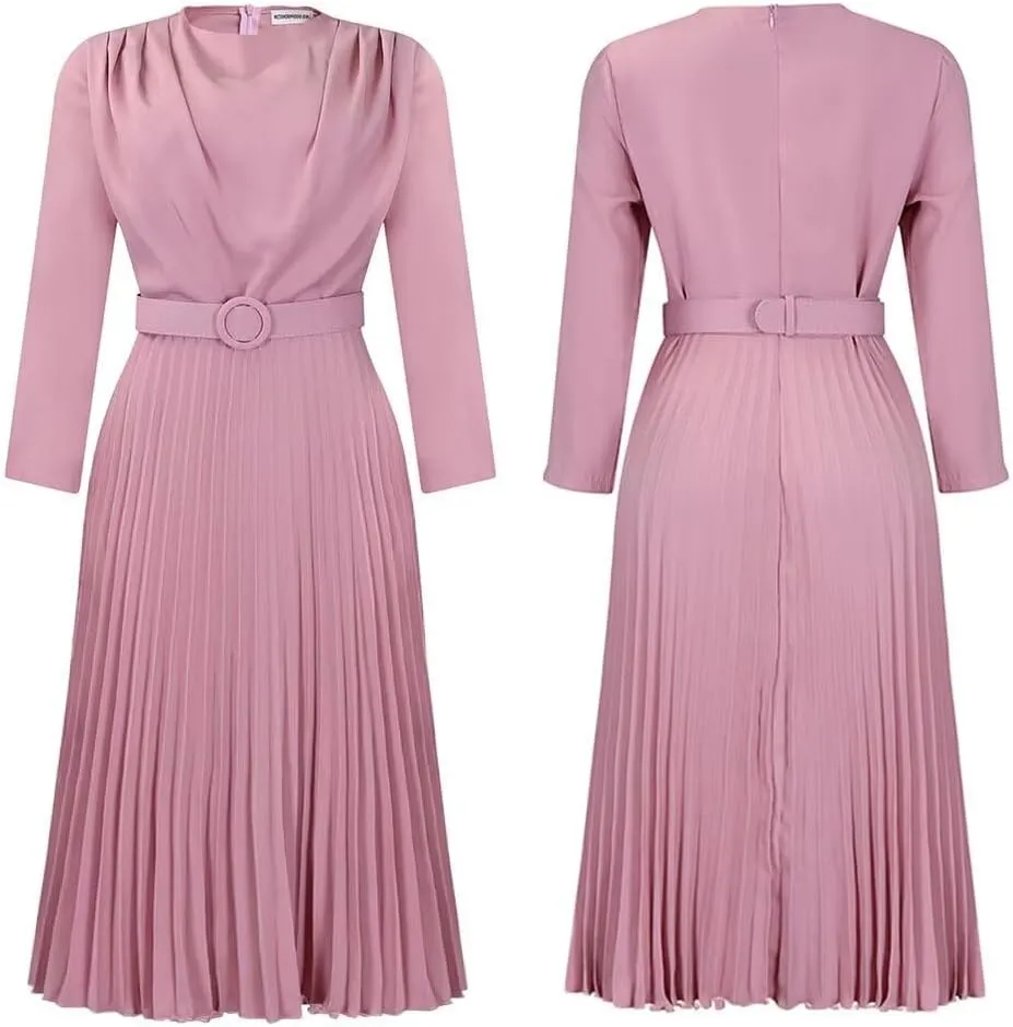 Women's A Line Round Neck Pleated Dress Plus Size Lantern Sleeves Midi Wedding Guest Dresses