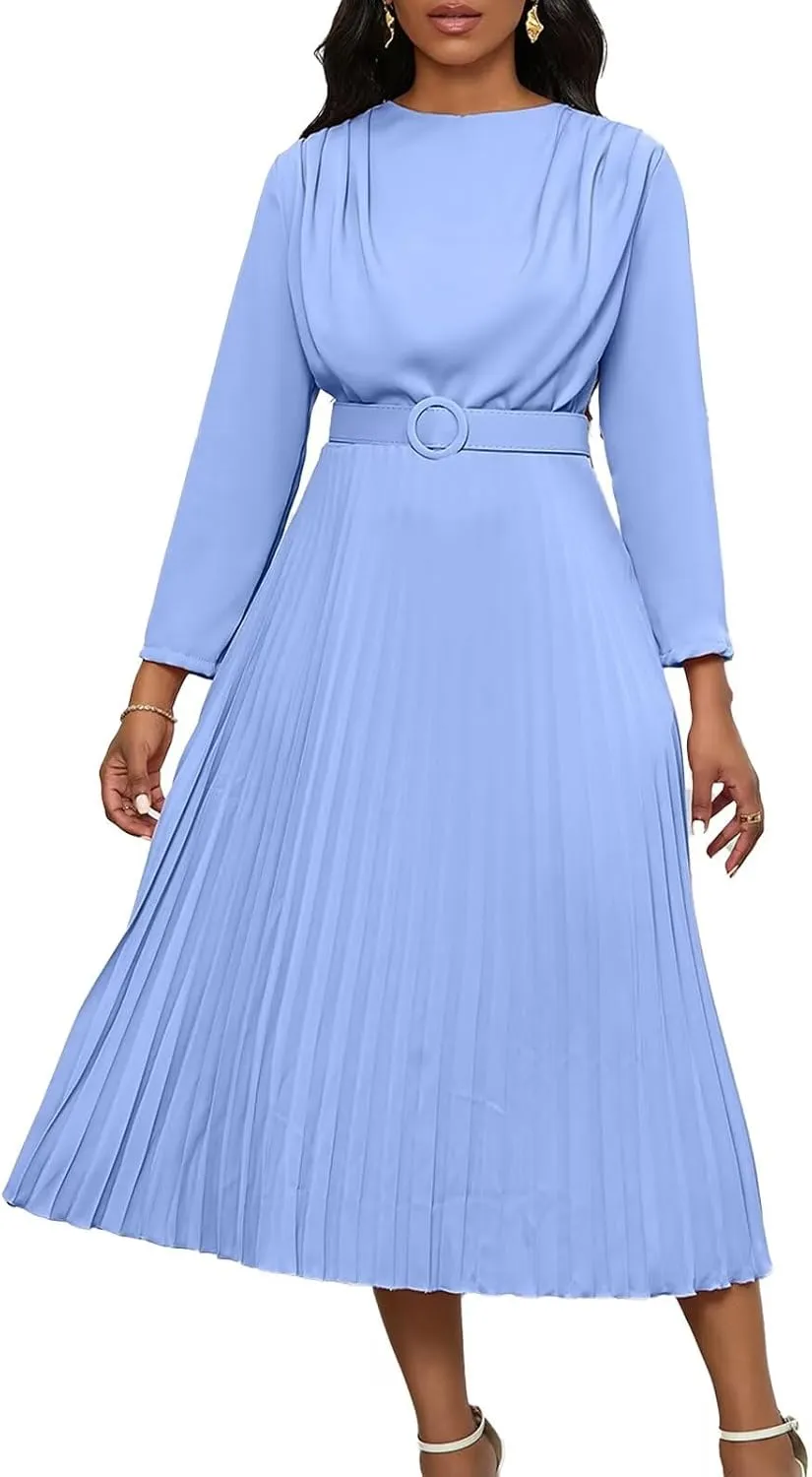 Women's A Line Round Neck Pleated Dress Plus Size Lantern Sleeves Midi Wedding Guest Dresses