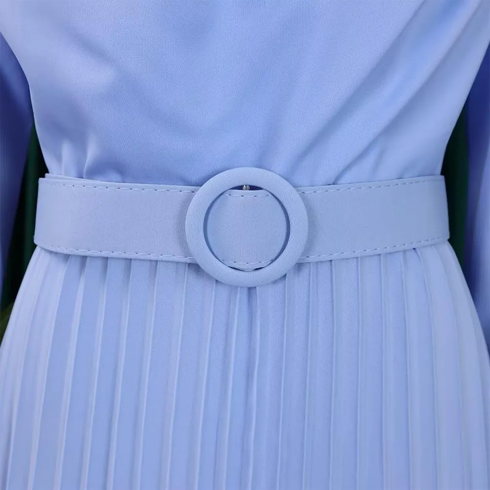 Women's A Line Round Neck Pleated Dress Plus Size Lantern Sleeves Midi Wedding Guest Dresses