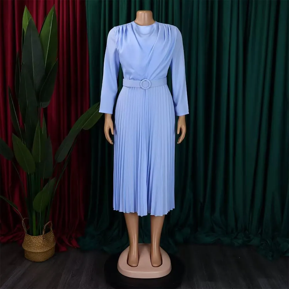 Women's A Line Round Neck Pleated Dress Plus Size Lantern Sleeves Midi Wedding Guest Dresses