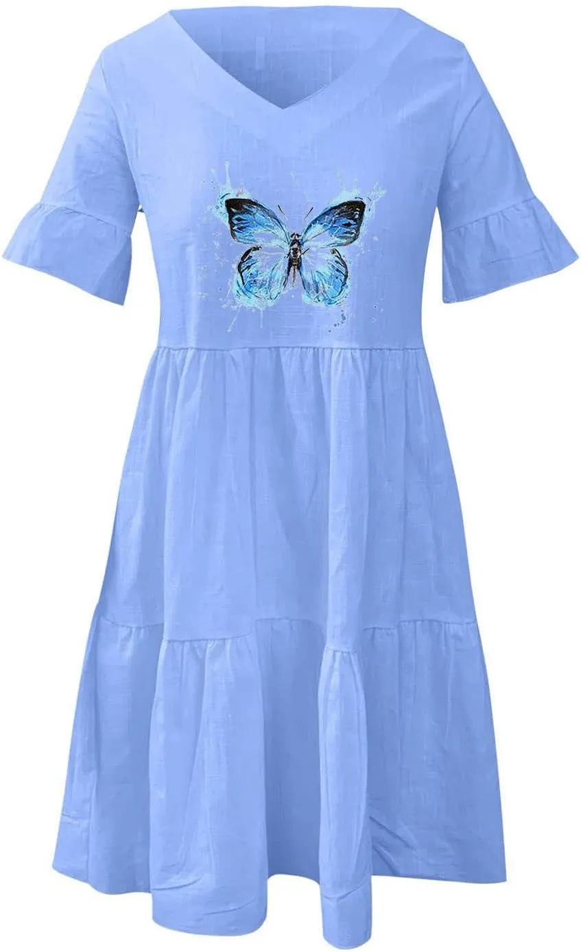Women's Babydoll Ruffle Spring Dress Floral Pirnt Short Mini Dress V Neck Tiered Causal Dresses Cute Fashion Outfits 2023