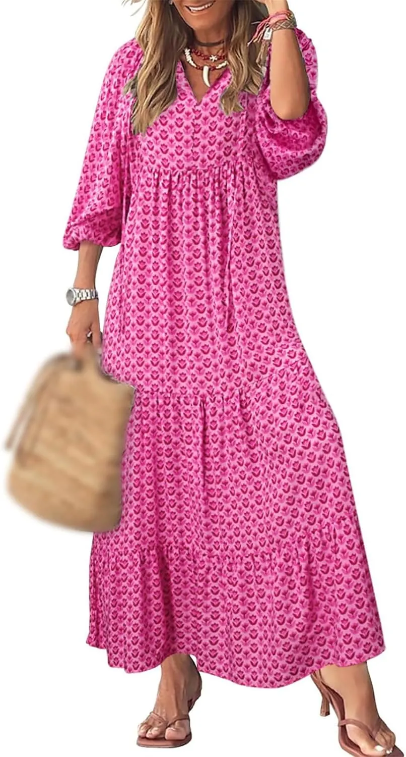 Womens Boho Dress Summer Casual Tie Front Deep V Neck A Line Midi Dress Floral Flowy Swing Long Beach Dresses
