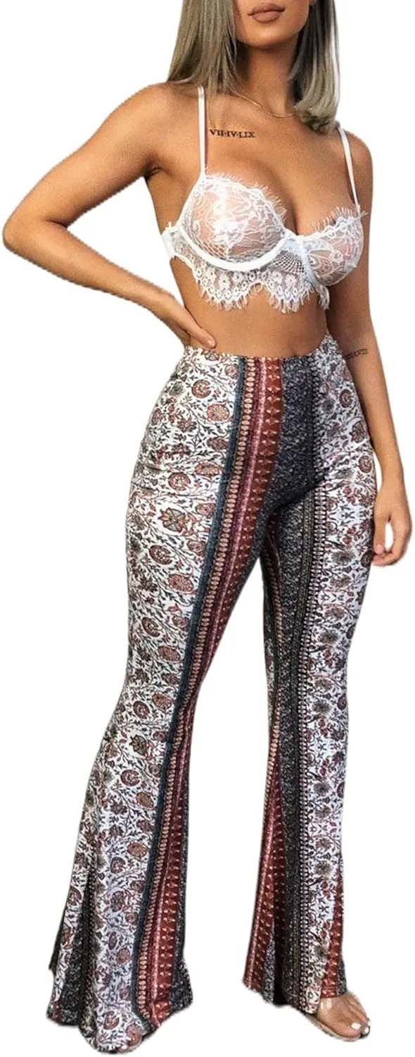 Womens Boho Flare Pants Retro Floral Print High Elastic Waist Bell Bottom Straight Wide Leg Yoga Palazzo Trousers