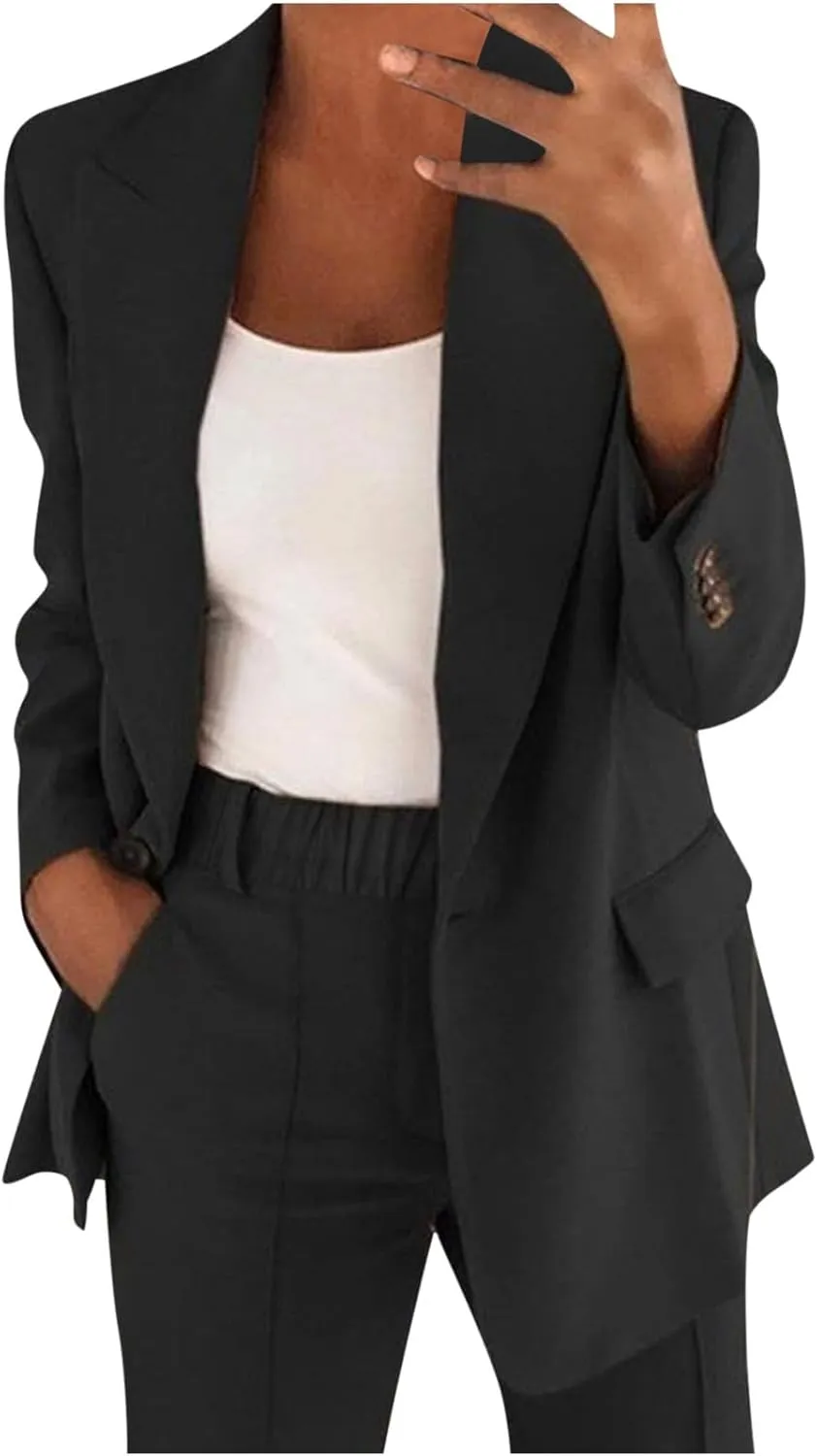Womens Business Casual Outfits for Work Two Piece Office Sets Long Sleeve Blazer Jacket and Elastic Waist Pants
