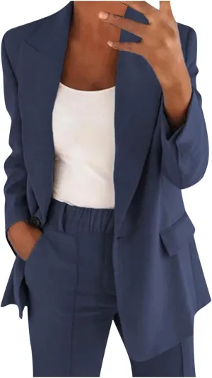 Womens Business Casual Outfits for Work Two Piece Office Sets Long Sleeve Blazer Jacket and Elastic Waist Pants