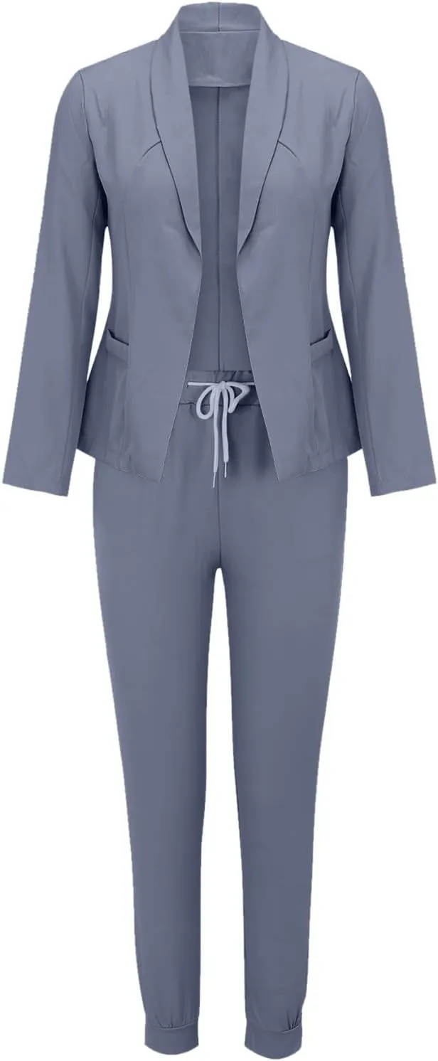 Womens Business Casual Sets 2 Piece Outfits Office Work Long Sleeve Blazer Jacket Drawstring Pants Trendy Suit Sets