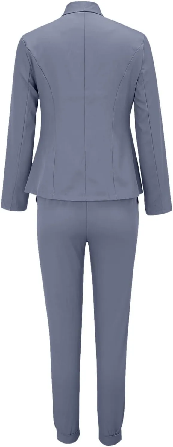 Womens Business Casual Sets 2 Piece Outfits Office Work Long Sleeve Blazer Jacket Drawstring Pants Trendy Suit Sets