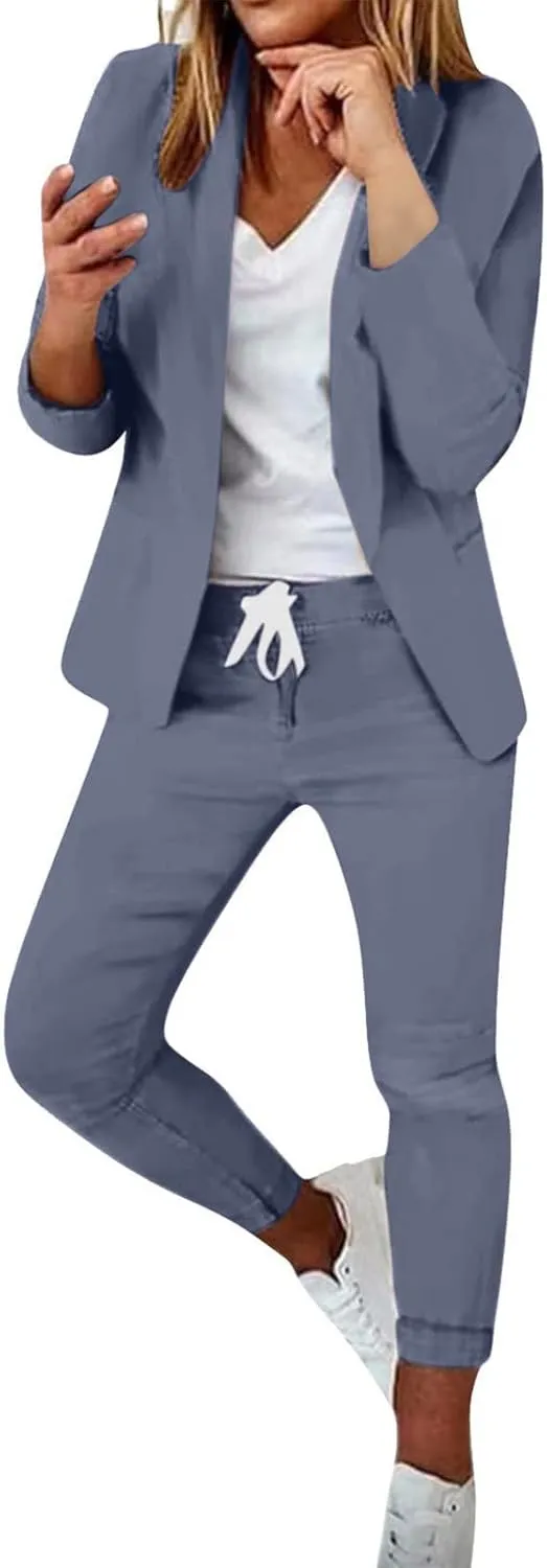 Womens Business Casual Sets 2 Piece Outfits Office Work Long Sleeve Blazer Jacket Drawstring Pants Trendy Suit Sets