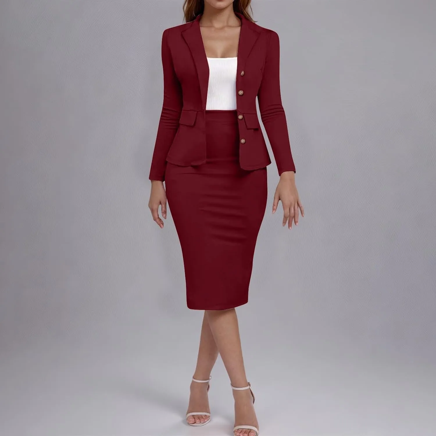 Women's Business Suit 2 Piece Long Sleeve Skirt Suit Set Lady Blazer Office Work Solid Slim Fit Jacket Outfits