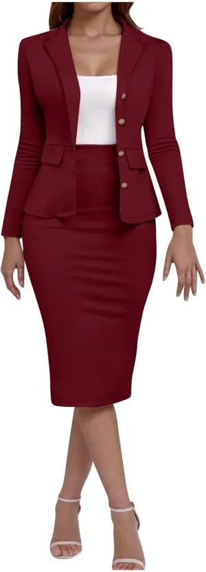 Women's Business Suit 2 Piece Long Sleeve Skirt Suit Set Lady Blazer Office Work Solid Slim Fit Jacket Outfits