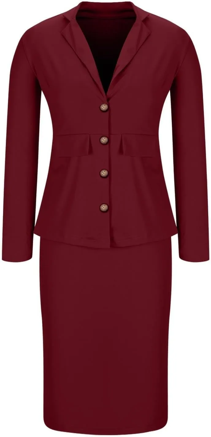 Women's Business Suit 2 Piece Long Sleeve Skirt Suit Set Lady Blazer Office Work Solid Slim Fit Jacket Outfits