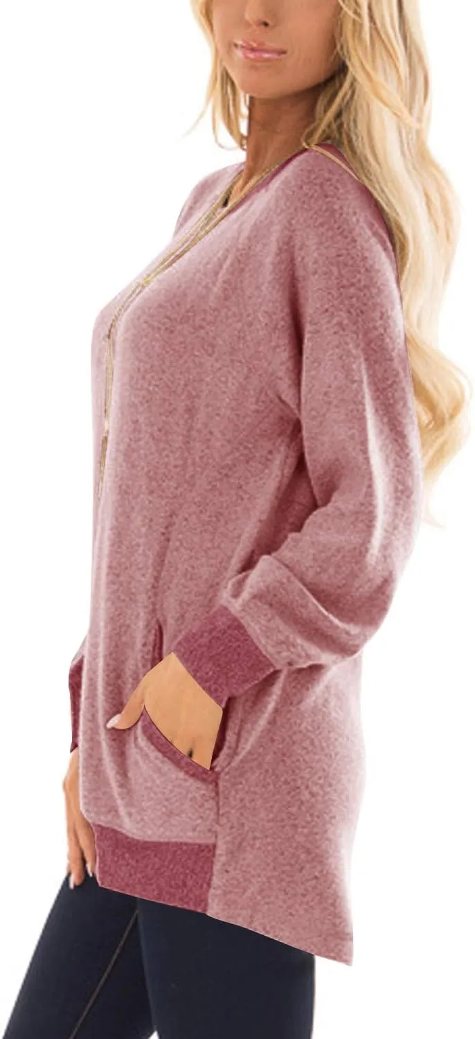 Womens Casual Color Block Long Sleeve Round Neck Pocket T Shirts Blouses Sweatshirts Tops