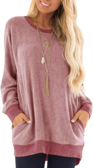Womens Casual Color Block Long Sleeve Round Neck Pocket T Shirts Blouses Sweatshirts Tops