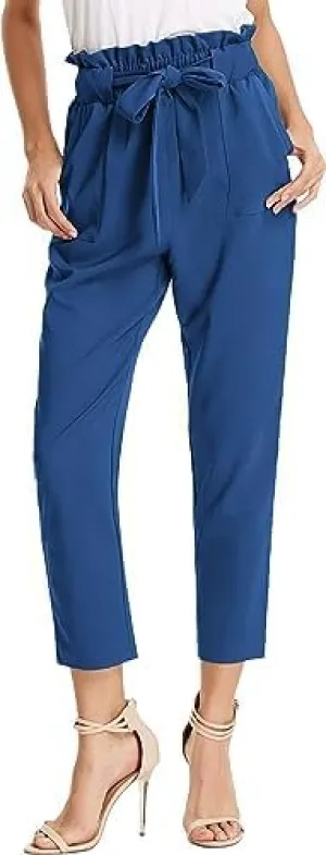 Women's Casual Cropped Paper Bag Pants Elastic High Waist Pants Fashion Trouser with Pocket