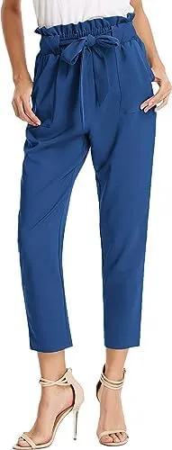 Women's Casual Cropped Paper Bag Pants Elastic High Waist Pants Fashion Trouser with Pocket