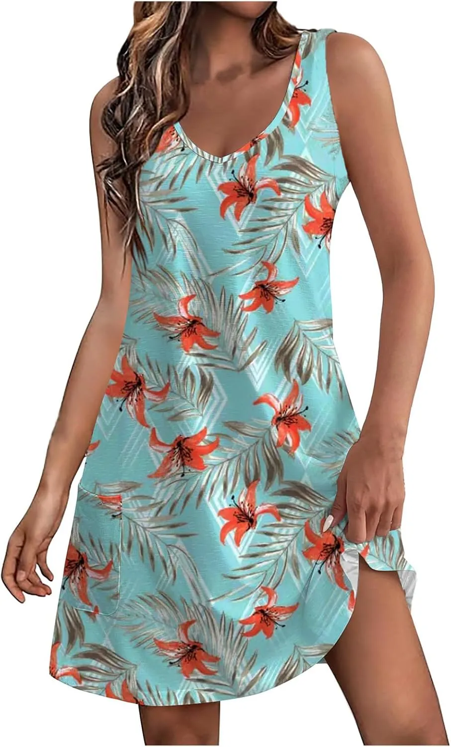 Women's Casual Dresses Sleeveless Floral Print Loose Summer Mini Dress Vacation Trendy Beach Hawaiian Sun Dress