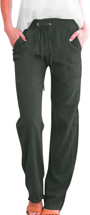 Womens Casual Linen High Waist Pants Drawstring Elastic Loose Fit Summer Pants Plus Size Trousers with Side Pockets
