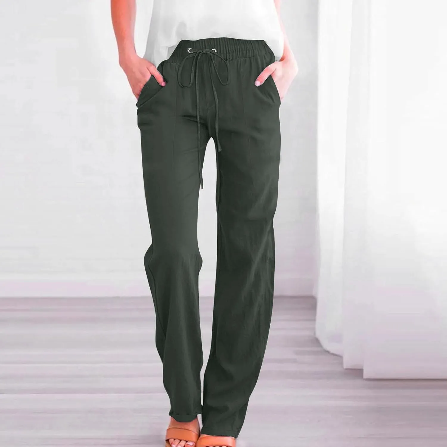 Womens Casual Linen High Waist Pants Drawstring Elastic Loose Fit Summer Pants Plus Size Trousers with Side Pockets