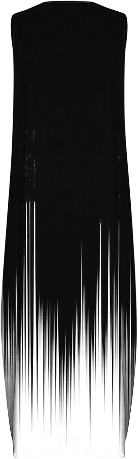 Womens Casual Loose Printed Tank Dress Summer Beach V-Neck Pocket Sundress Sleeveless Floor Length Dresses