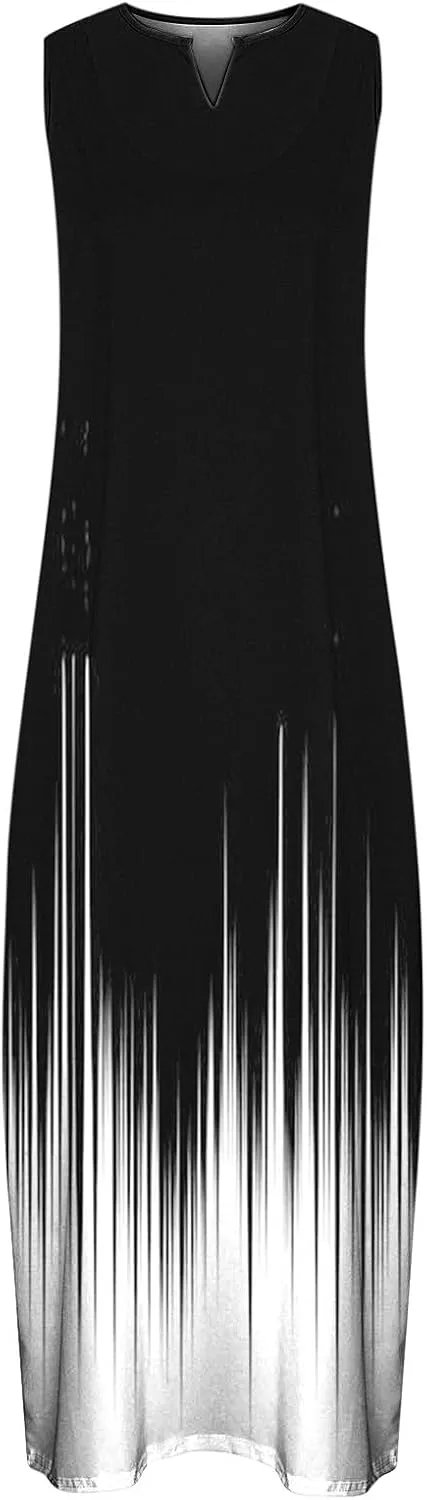 Womens Casual Loose Printed Tank Dress Summer Beach V-Neck Pocket Sundress Sleeveless Floor Length Dresses