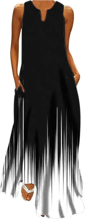 Womens Casual Loose Printed Tank Dress Summer Beach V-Neck Pocket Sundress Sleeveless Floor Length Dresses