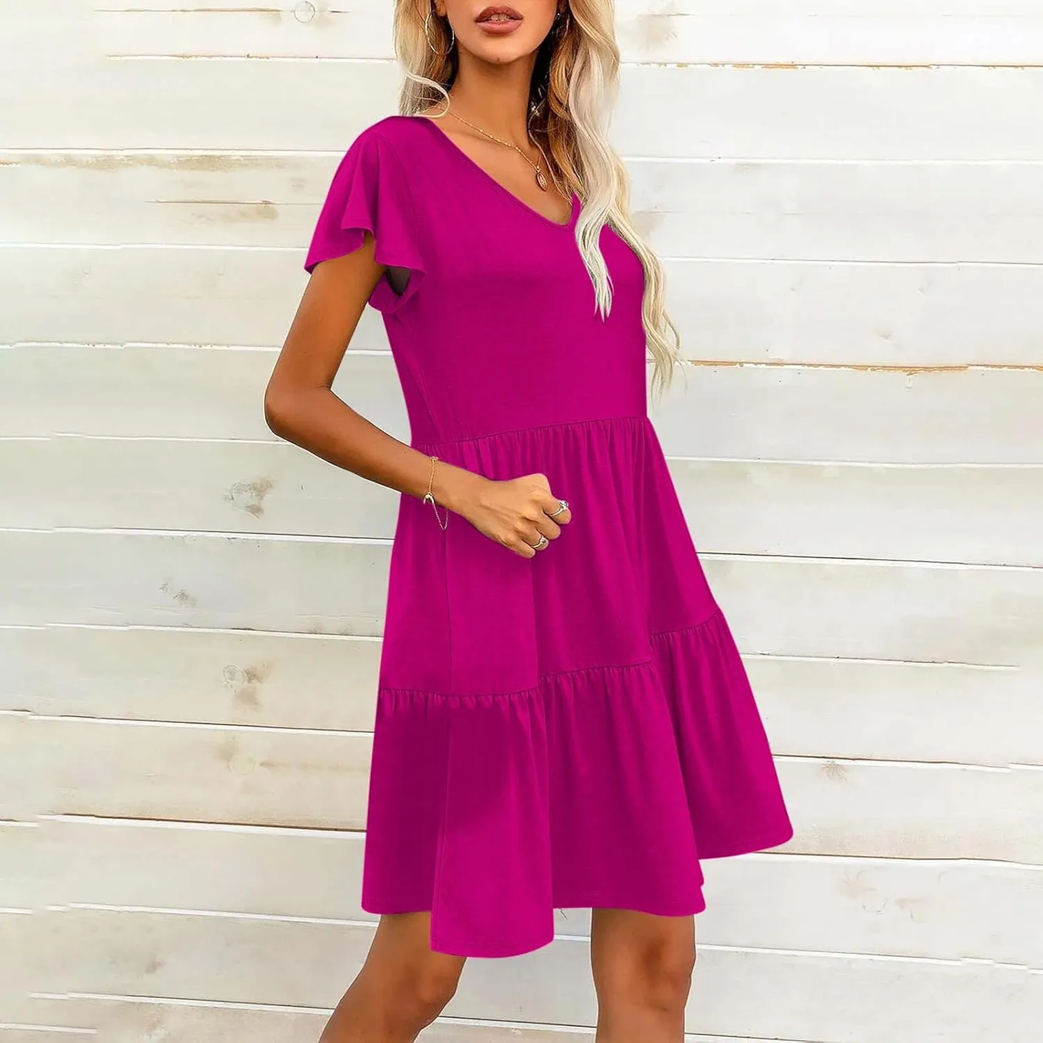 Womens Causal Summer Dresses 2024 Flutter Sleeve V Neck Tunic Tshirt Dress Pleated Ruffle Swing Beach Mini Sundress