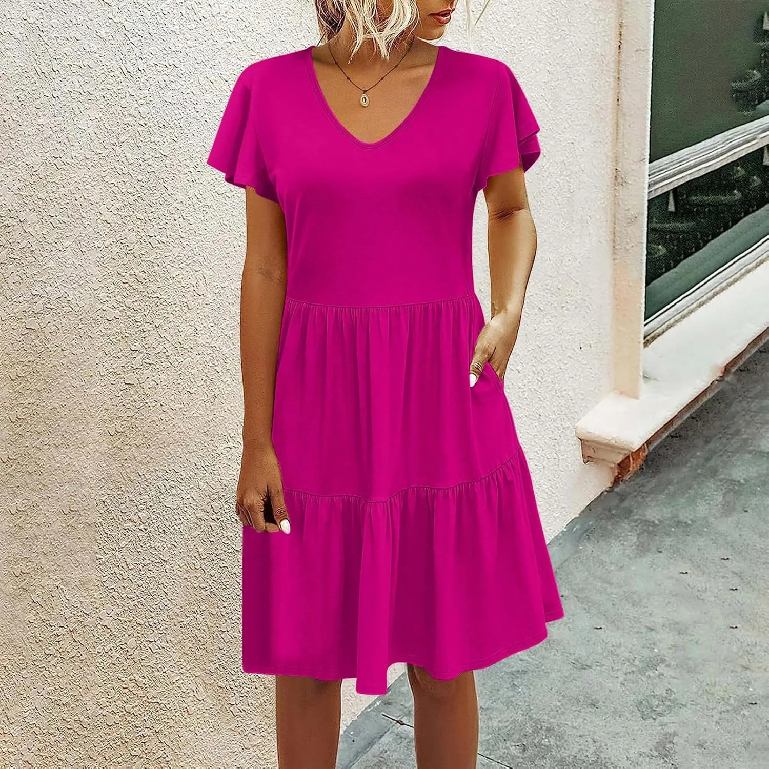 Womens Causal Summer Dresses 2024 Flutter Sleeve V Neck Tunic Tshirt Dress Pleated Ruffle Swing Beach Mini Sundress