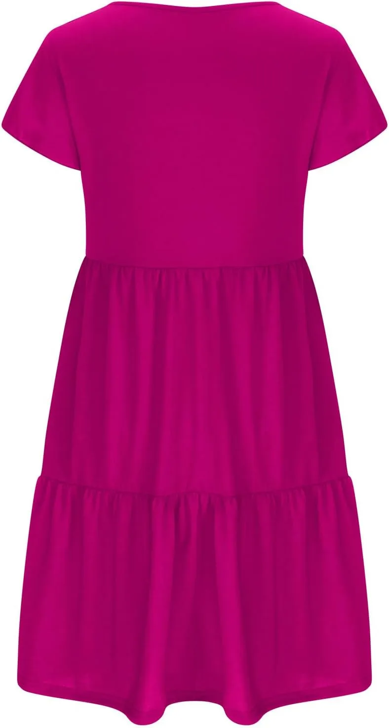 Womens Causal Summer Dresses 2024 Flutter Sleeve V Neck Tunic Tshirt Dress Pleated Ruffle Swing Beach Mini Sundress