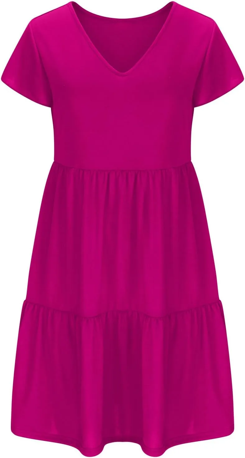 Womens Causal Summer Dresses 2024 Flutter Sleeve V Neck Tunic Tshirt Dress Pleated Ruffle Swing Beach Mini Sundress