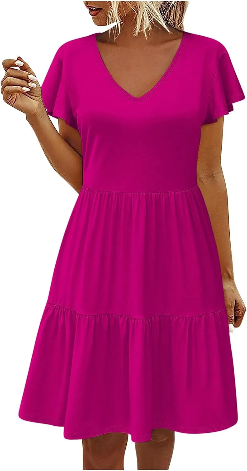 Womens Causal Summer Dresses 2024 Flutter Sleeve V Neck Tunic Tshirt Dress Pleated Ruffle Swing Beach Mini Sundress