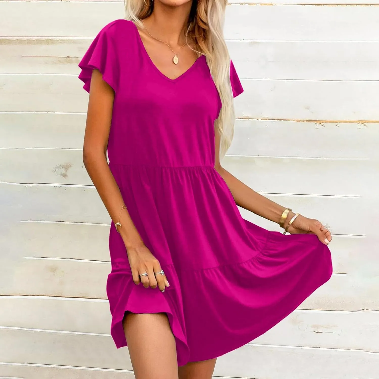 Womens Causal Summer Dresses 2024 Flutter Sleeve V Neck Tunic Tshirt Dress Pleated Ruffle Swing Beach Mini Sundress