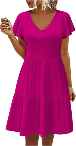 Womens Causal Summer Dresses 2024 Flutter Sleeve V Neck Tunic Tshirt Dress Pleated Ruffle Swing Beach Mini Sundress