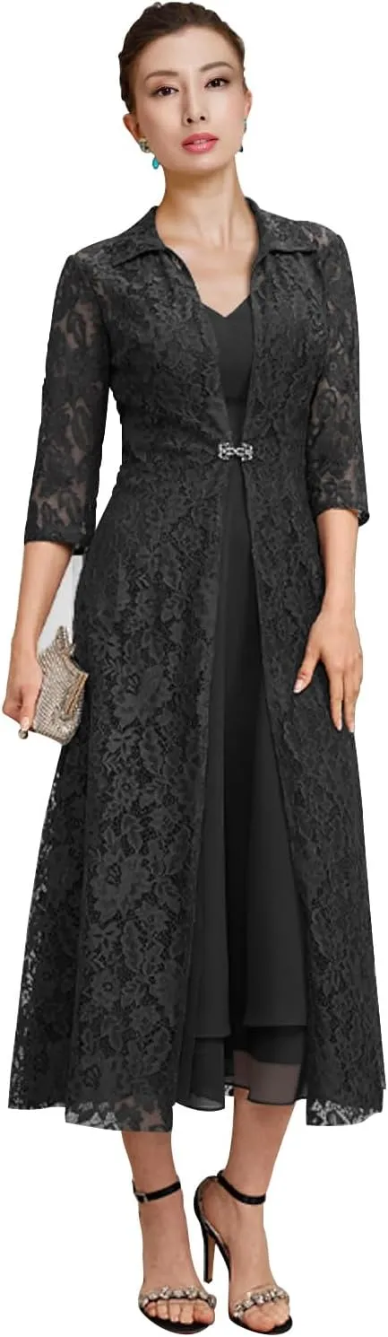 Women's Chiffon Mother of The Bride Dresses for Wedding V Neck Lace Long Formal Evening Gowns