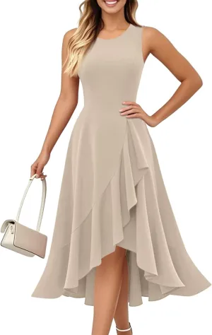 Women's Cocktail Party Formal Wedding Guest Church Dresses A Line High Low Ruffled Split Hem Party Midi Dresses
