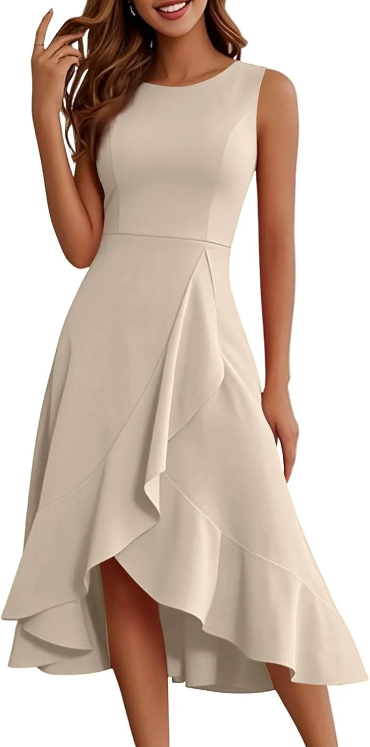 Women's Cocktail Party Formal Wedding Guest Church Dresses A Line High Low Ruffled Split Hem Party Midi Dresses