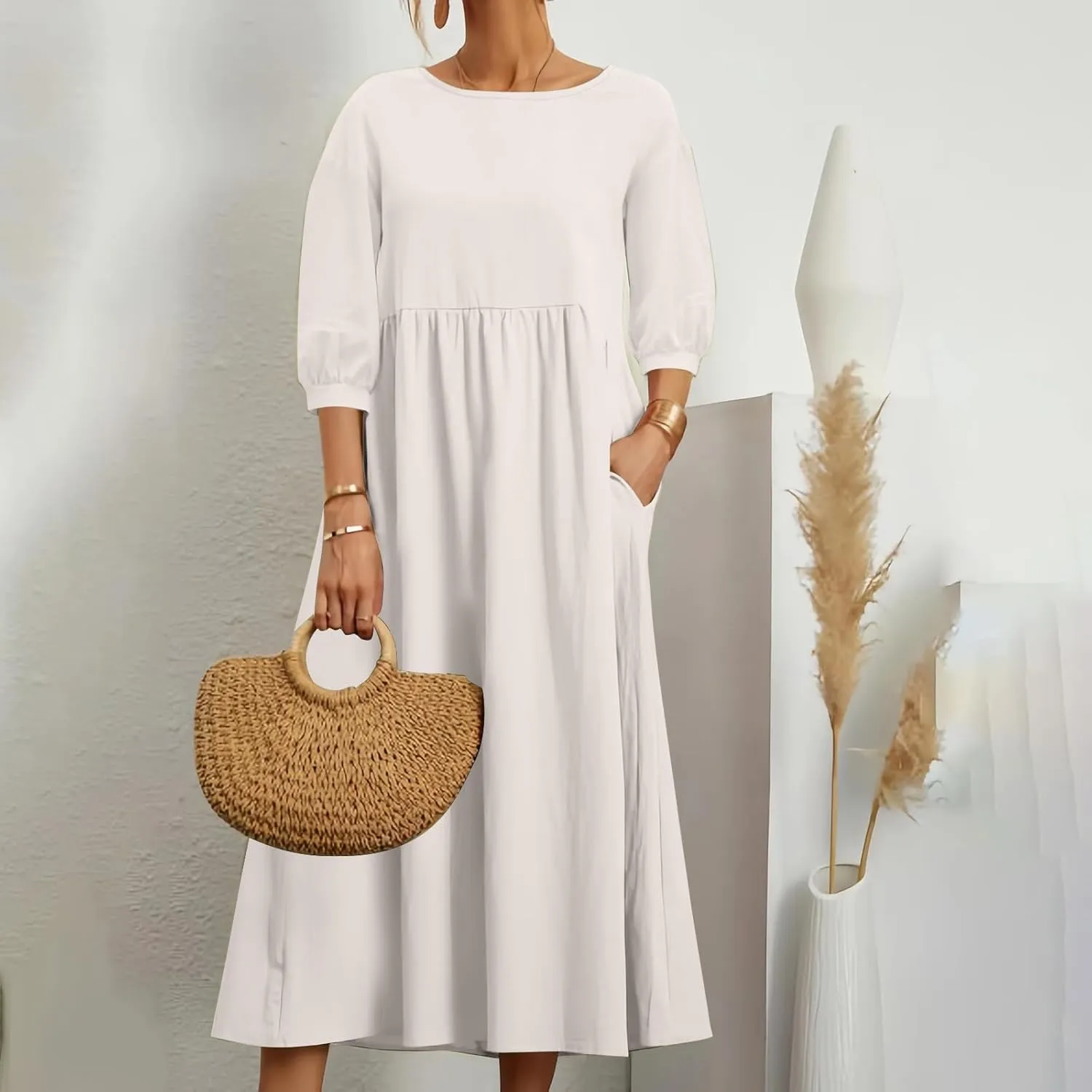 Womens Cotton Linen Midi Dress Casual Loose Petite Solid A-line Dresses Flowy Summer Beach Vacation Sundress Pockets
