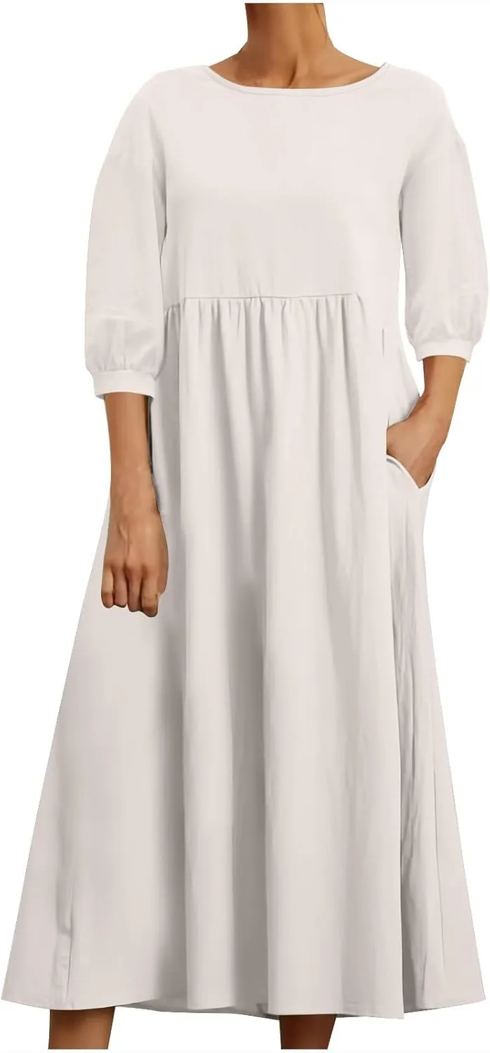 Womens Cotton Linen Midi Dress Casual Loose Petite Solid A-line Dresses Flowy Summer Beach Vacation Sundress Pockets