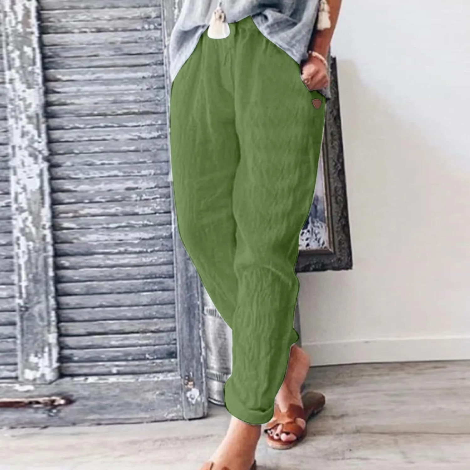 Womens Cotton Linen Pants Hight Elastic Waist Drawstring Straight Leg Summer 2025 Trendy Beach Yoga Trousers with Pockets